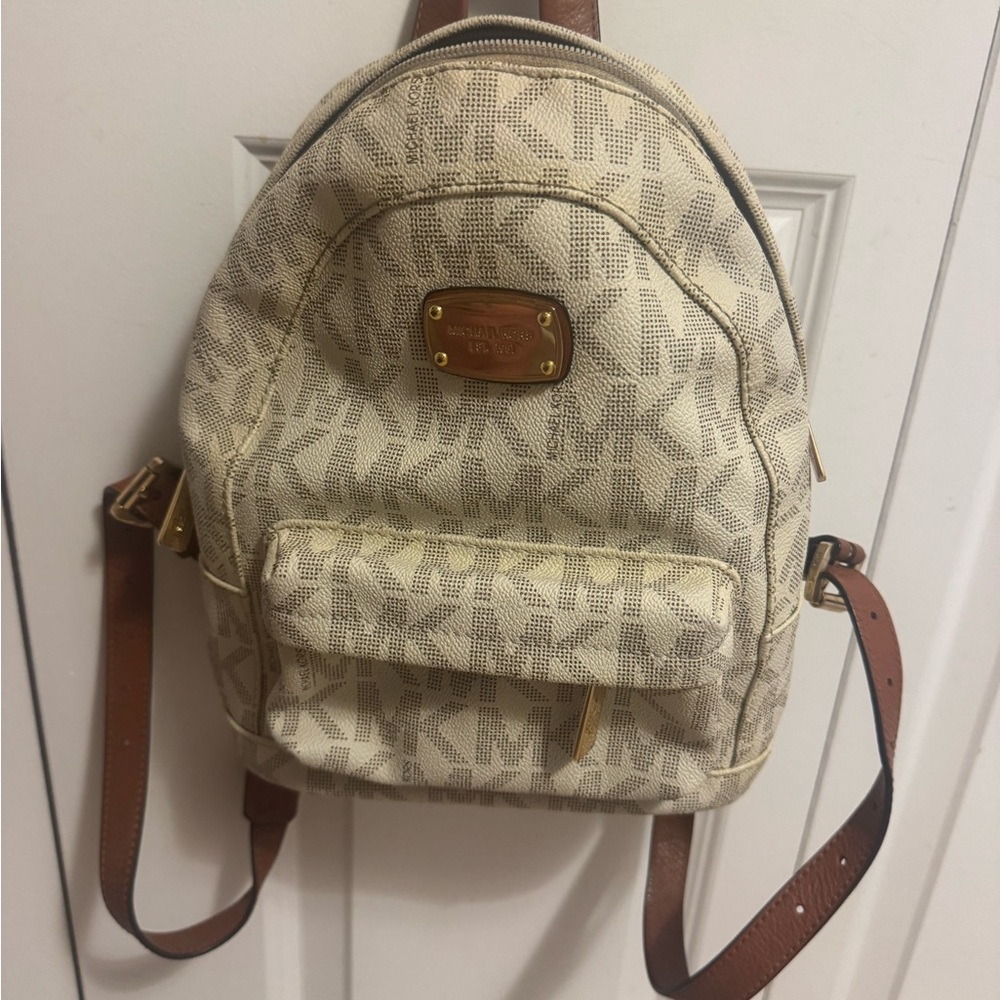 Michael Kors Cream and Brown Logo Backpack